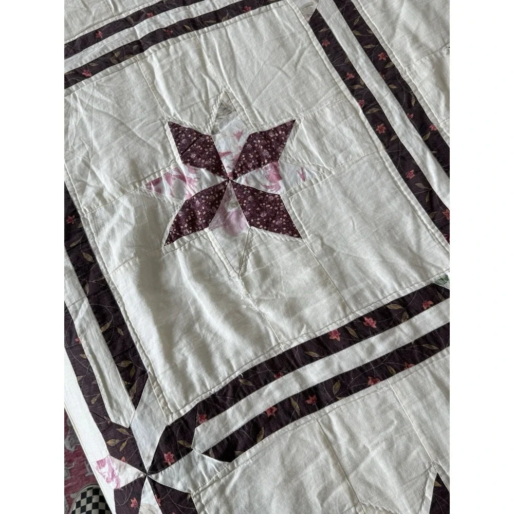 Handmade Patchwork Quilt 100x88 Burgundy Cream Floral Pinwheel Cottage Queen
